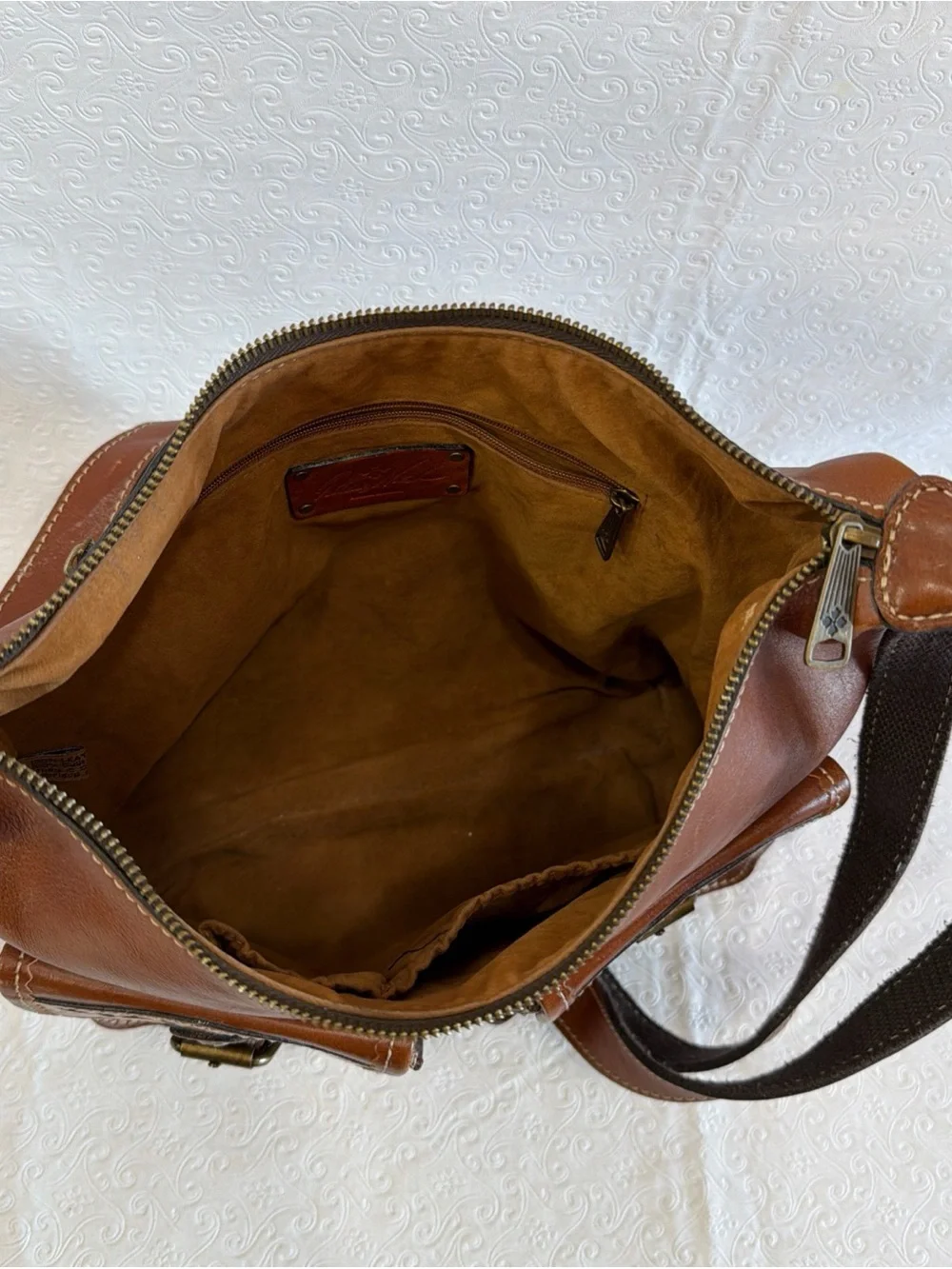 Patricia Nash Bag Brown Italian Leather Purse Zip Top Tote Hobo Crossbody Large